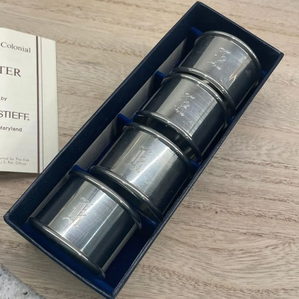 Kirk Stieff Pewter Napkin Rings Set in Box Modern & Colonial Vintage Table